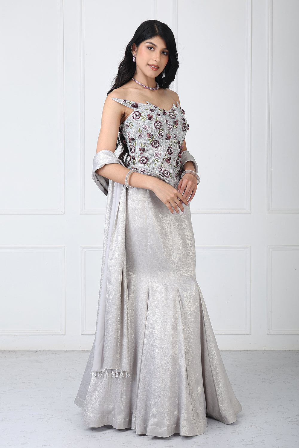 Steel Grey Embroidered Corset With Paneled Skirt And Dupatta
