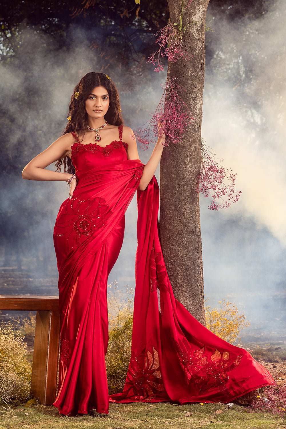 Strawberry Red Satin Saree