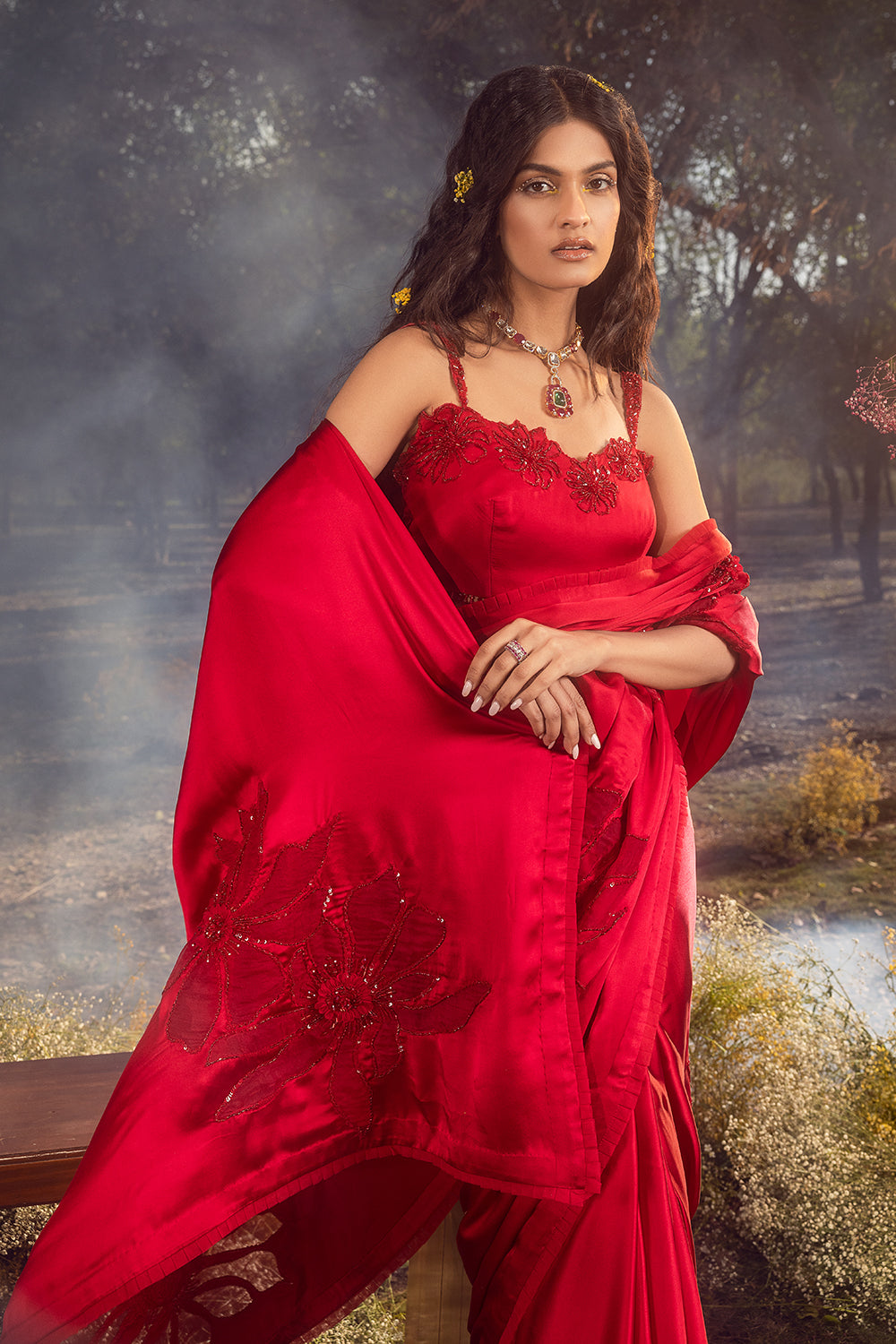 Strawberry Red Satin Saree