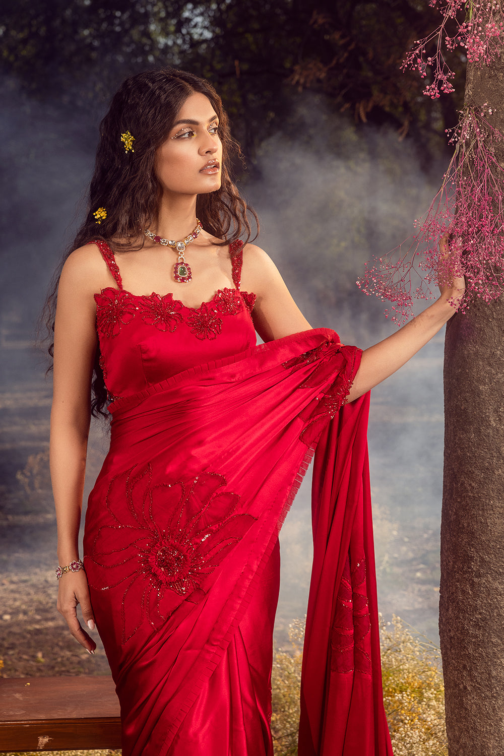 Strawberry Red Satin Saree