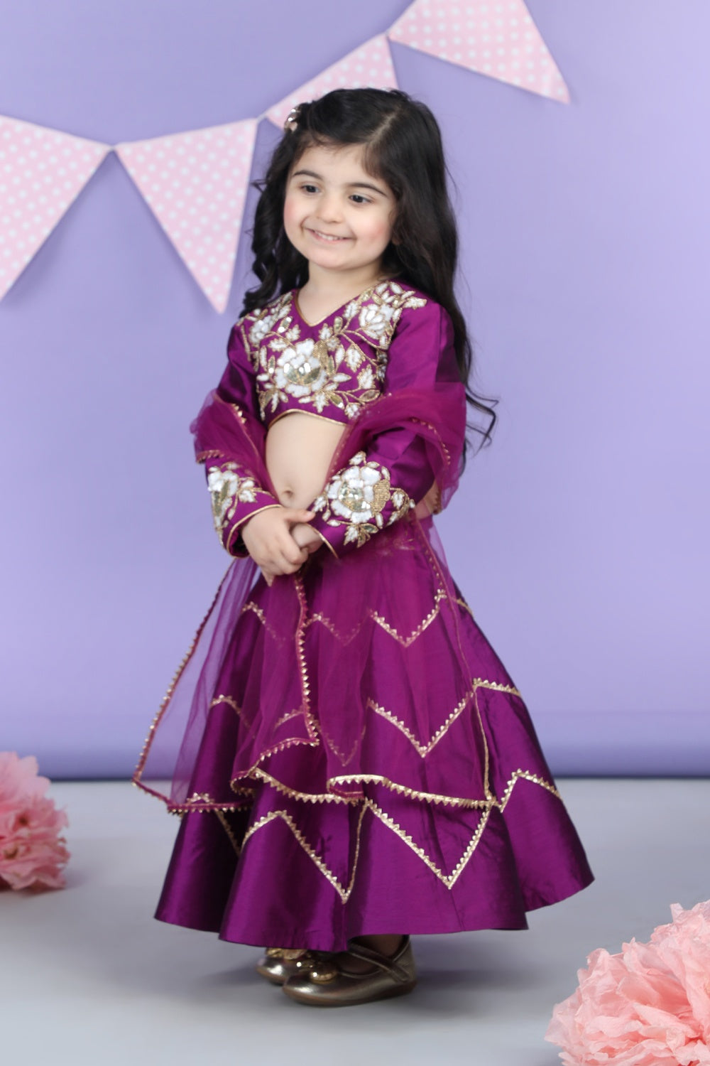 Heavy Embroidered Bluse With Gota Lines Lehenga And Chunni