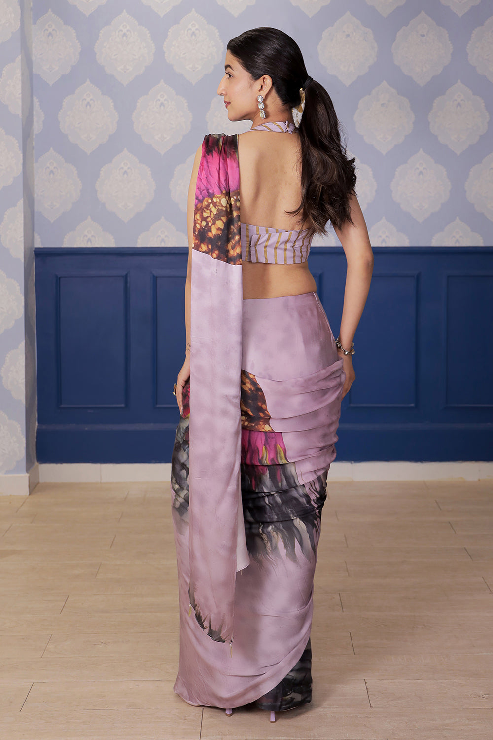 Sunflower Printed Satin Saree with Lilac Chanderi Foil Blouse
