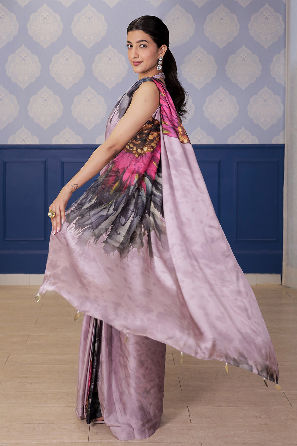 Sunflower Printed Satin Saree with Lilac Chanderi Foil Blouse