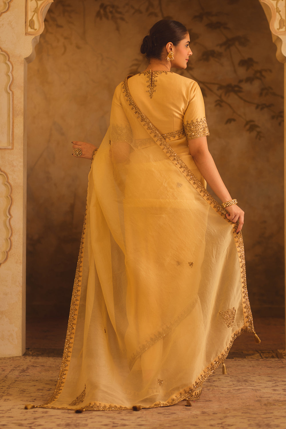 Tajra Gold Organza Saree With Zero-Neck Blouse