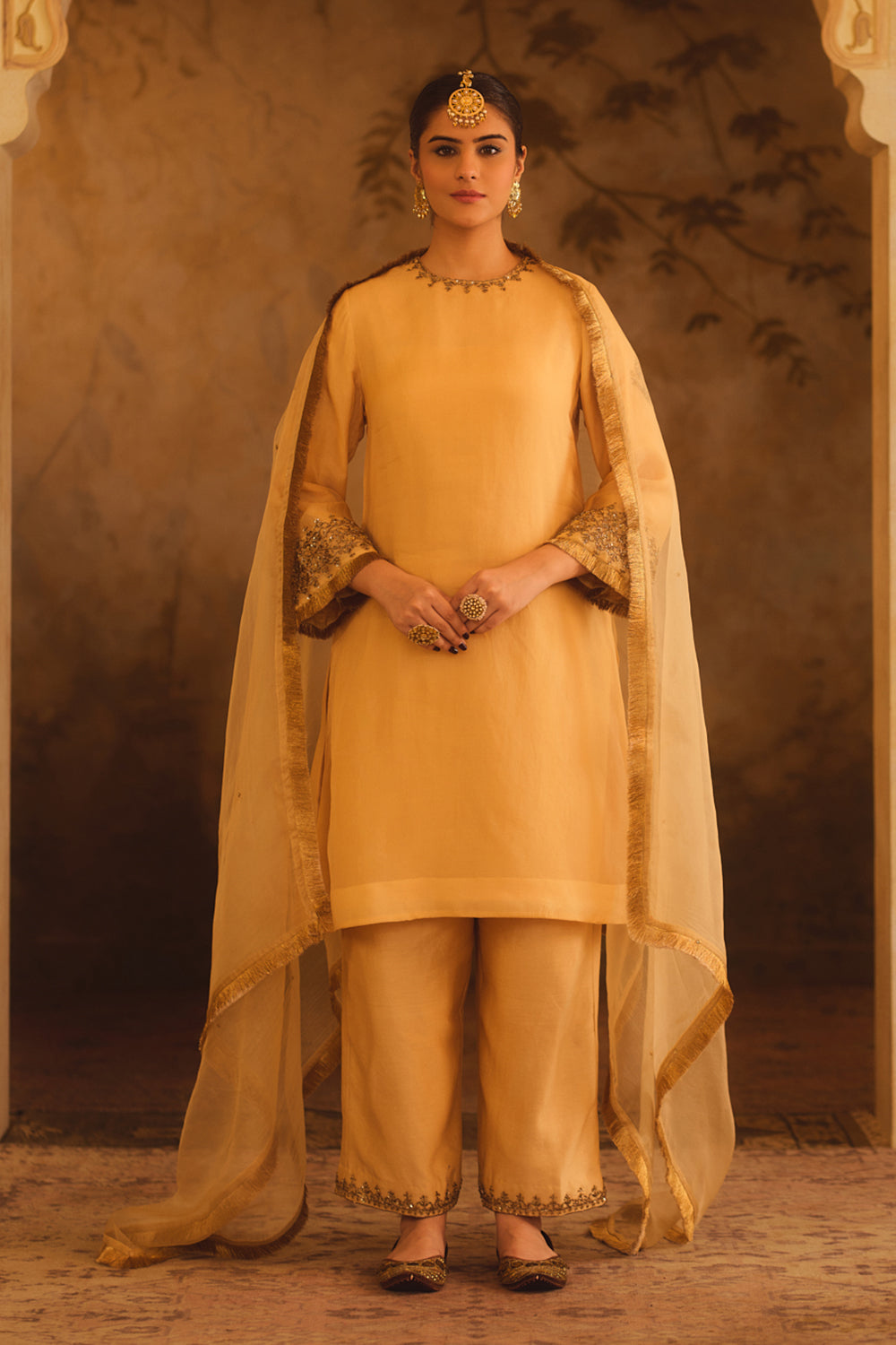 Tajra Gold Zero-Neck A-Line Kurta Set