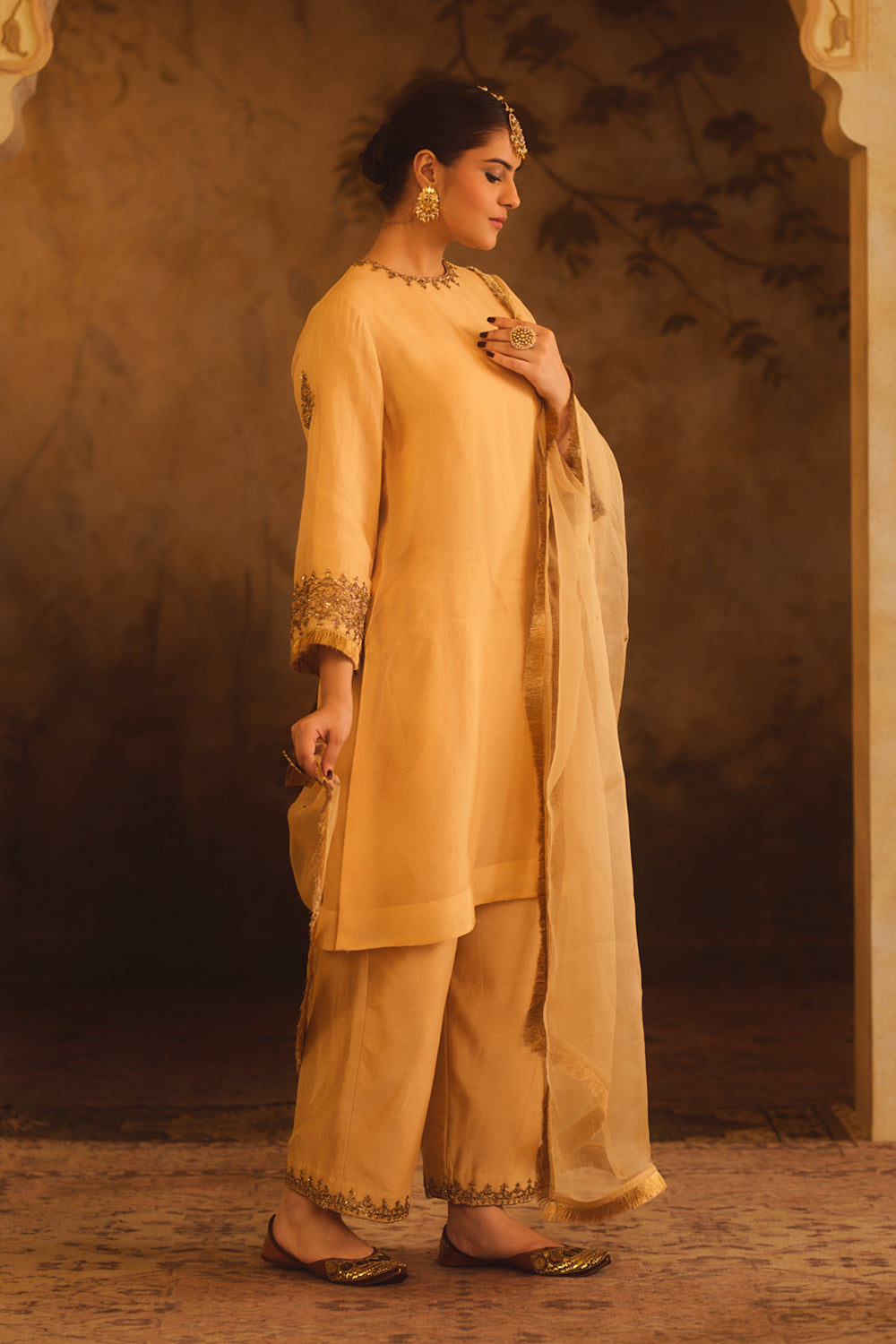 Tajra Gold Zero-Neck A-Line Kurta Set