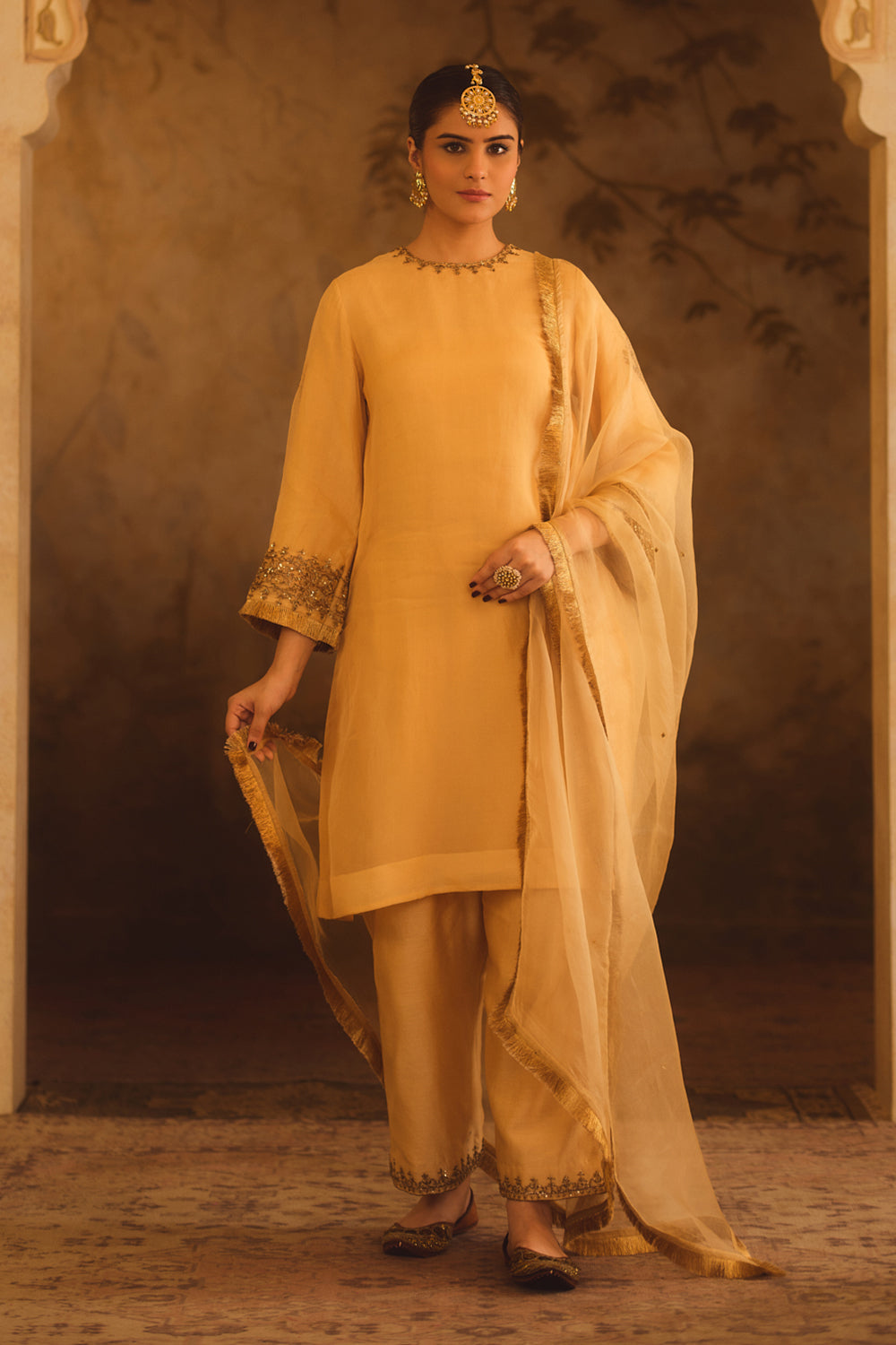 Tajra Gold Zero-Neck A-Line Kurta Set