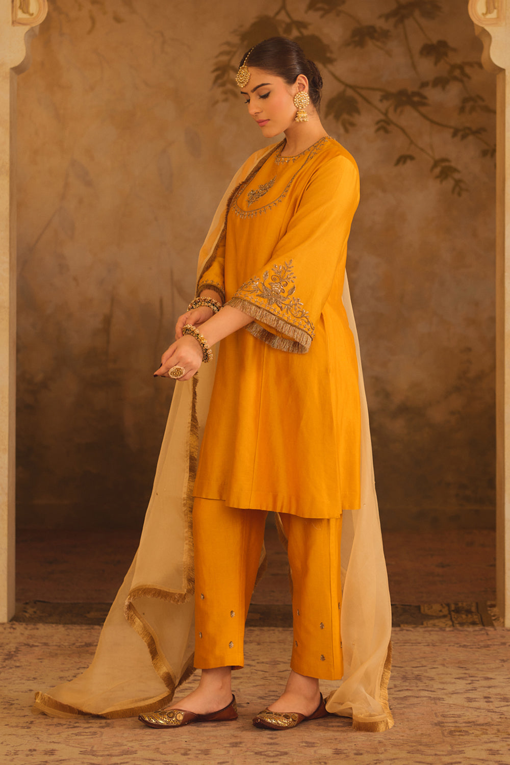 Tajra Mustard Zero-Neck A-Line Kurta Set