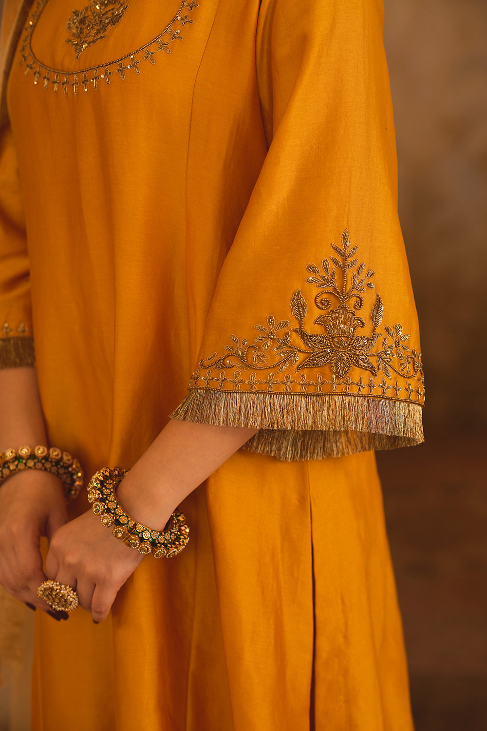 Tajra Mustard Zero-Neck A-Line Kurta Set
