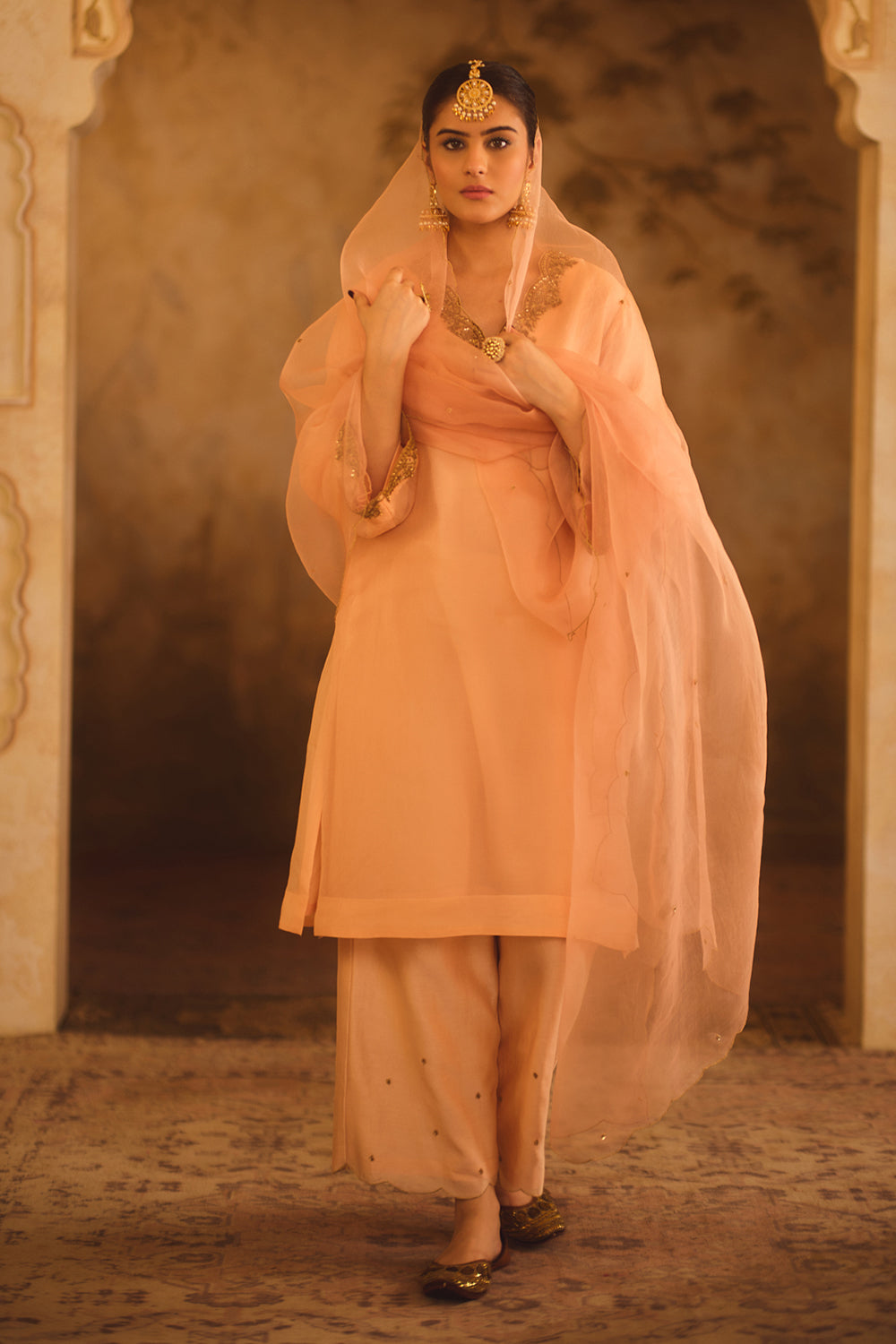 Tajra Peach V-Neck Organza A-Line Kurta Set