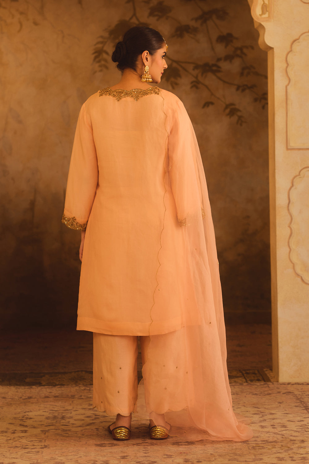 Tajra Peach V-Neck Organza A-Line Kurta Set