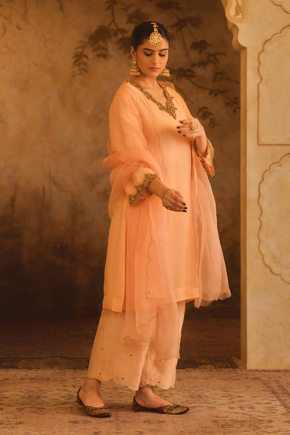 Tajra Peach V-Neck Organza A-Line Kurta Set