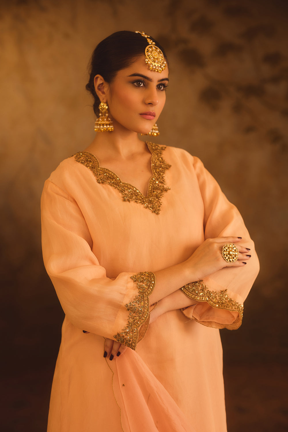 Tajra Peach V-Neck Organza A-Line Kurta Set