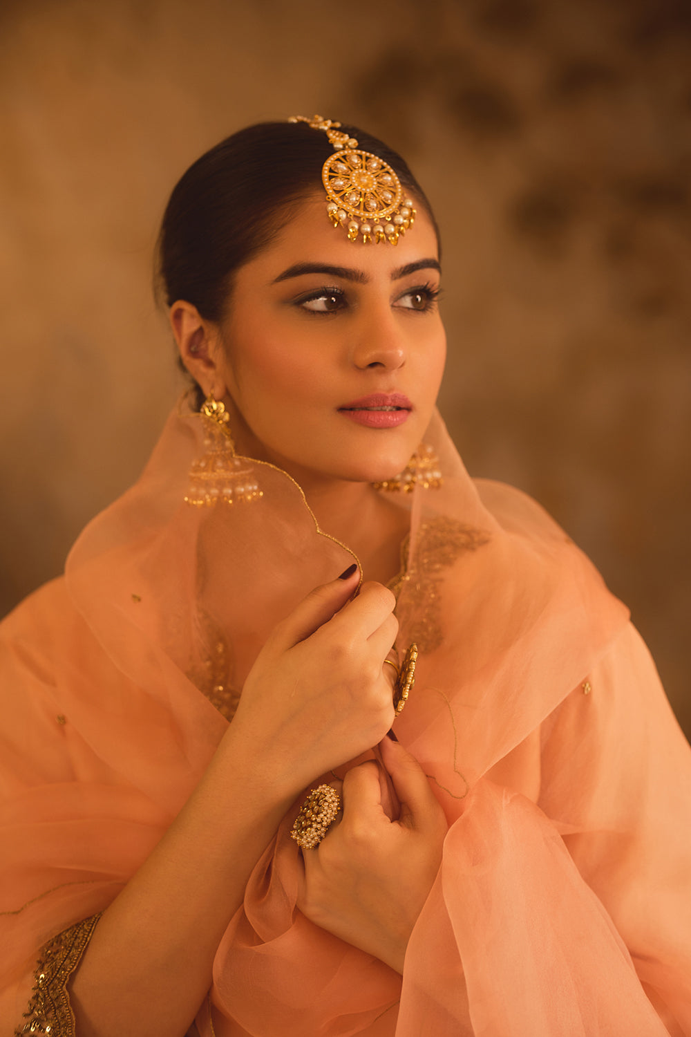 Tajra Peach V-Neck Organza A-Line Kurta Set