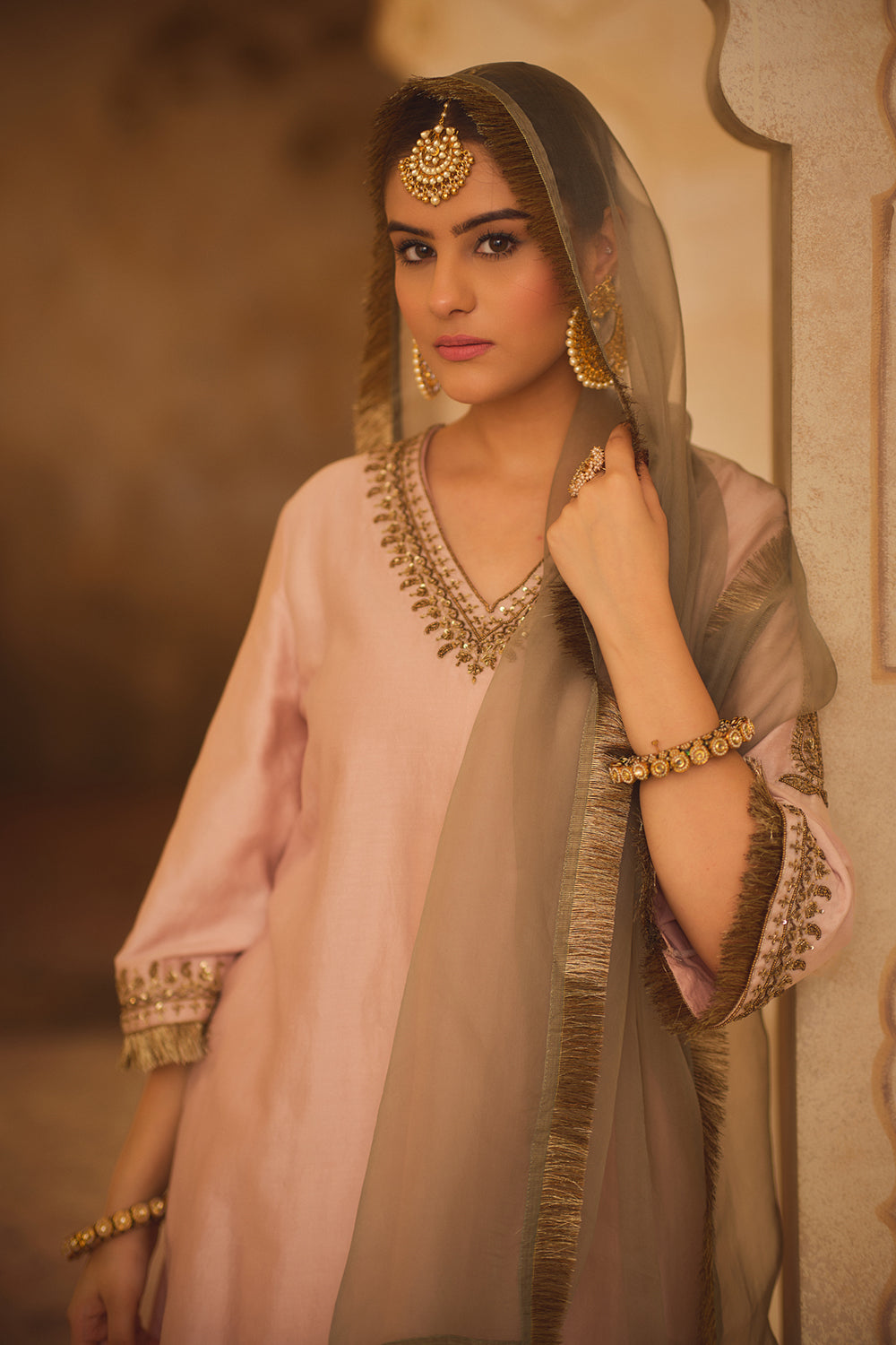 Tajra Pink V-Neck A-Line Kurta Set