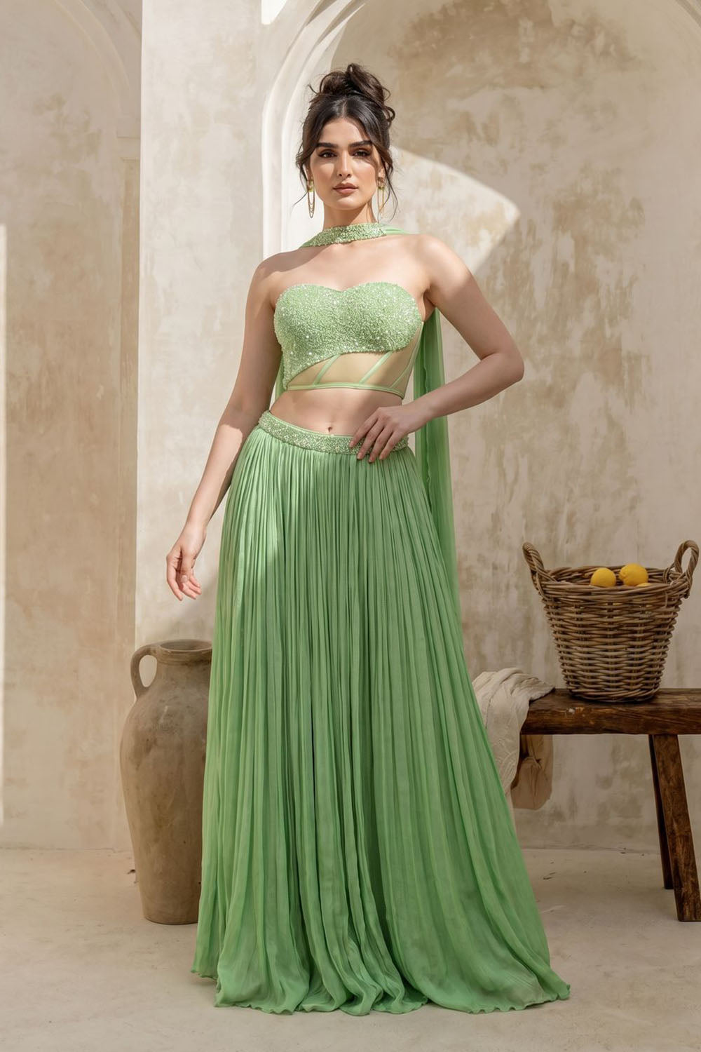 Tea-Green Corset with pleated Skirt & Dupatta