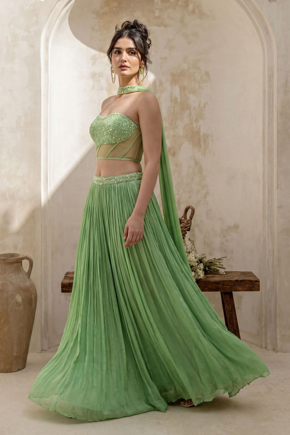 Tea-Green Corset with pleated Skirt & Dupatta