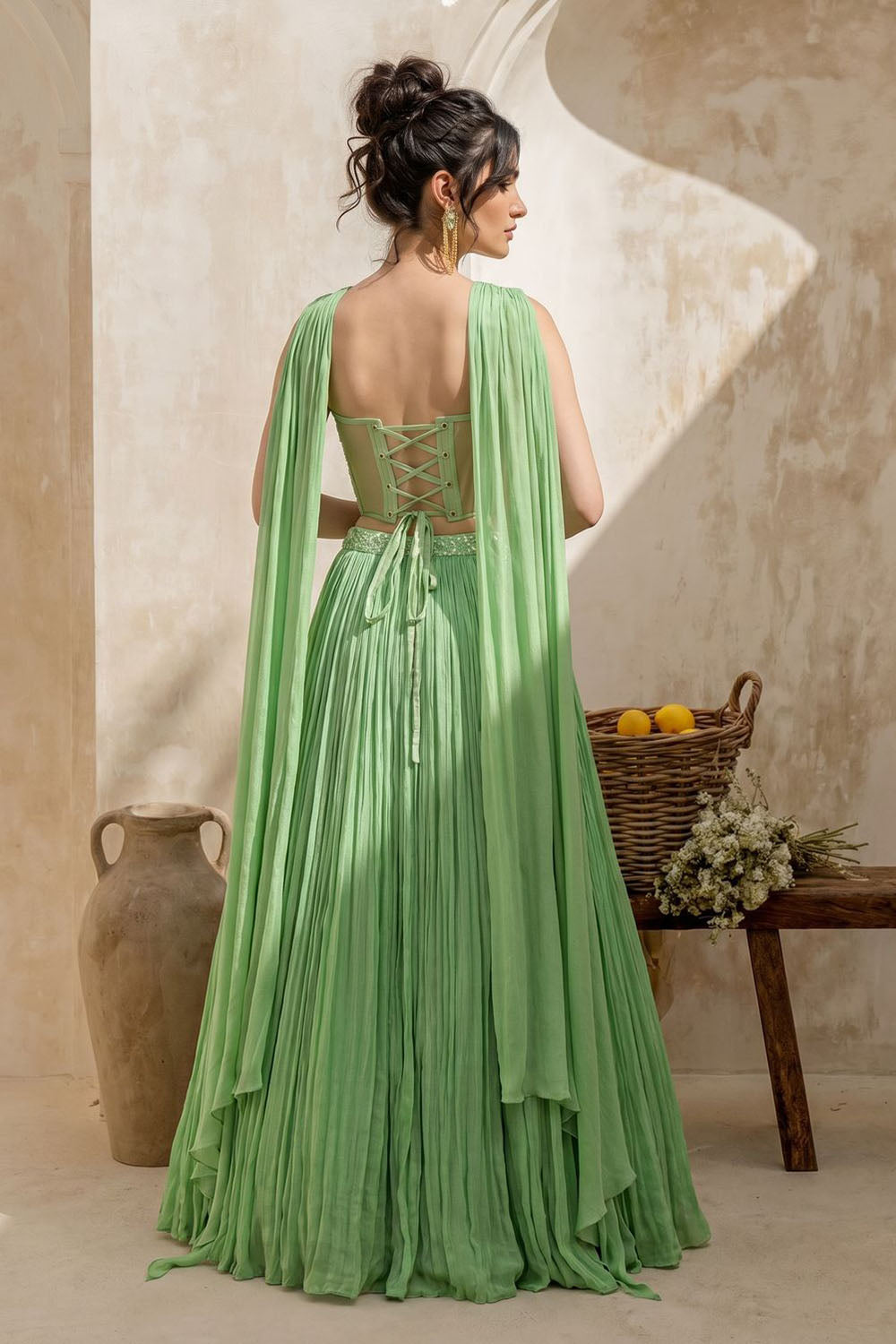 Tea-Green Corset with pleated Skirt & Dupatta
