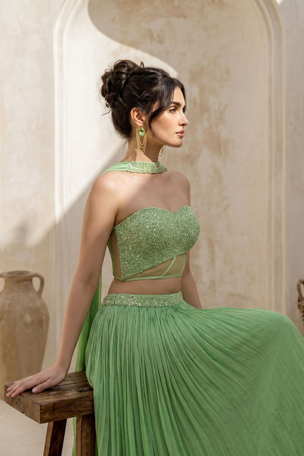Tea-Green Corset with pleated Skirt & Dupatta