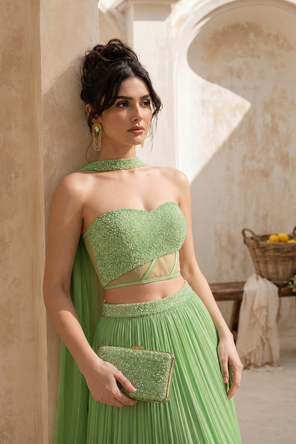 Tea-Green Corset with pleated Skirt & Dupatta