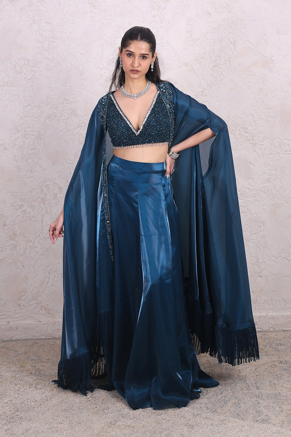 Teal Blue Draped Skirt with Embellished V-neck BNlouse and Cape Set