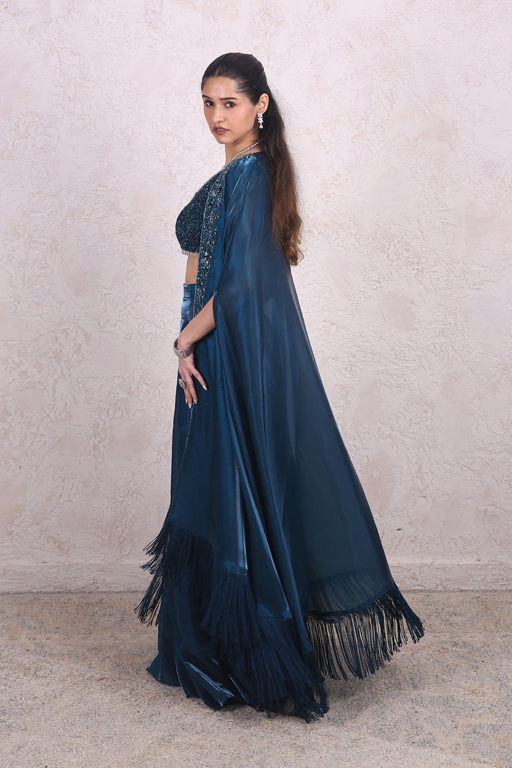 Teal Blue Draped Skirt with Embellished V-neck BNlouse and Cape Set