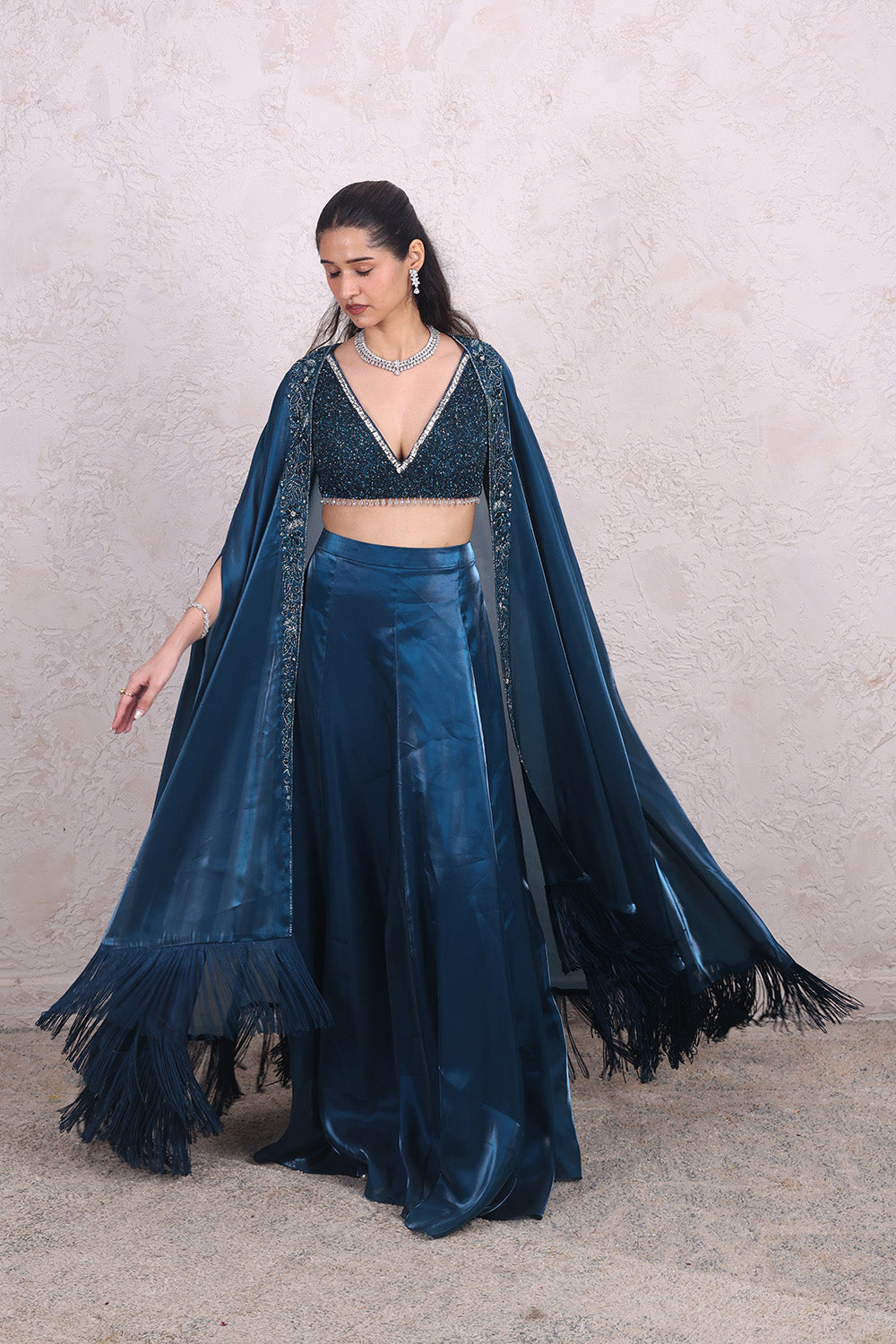 Teal Blue Draped Skirt with Embellished V-neck BNlouse and Cape Set