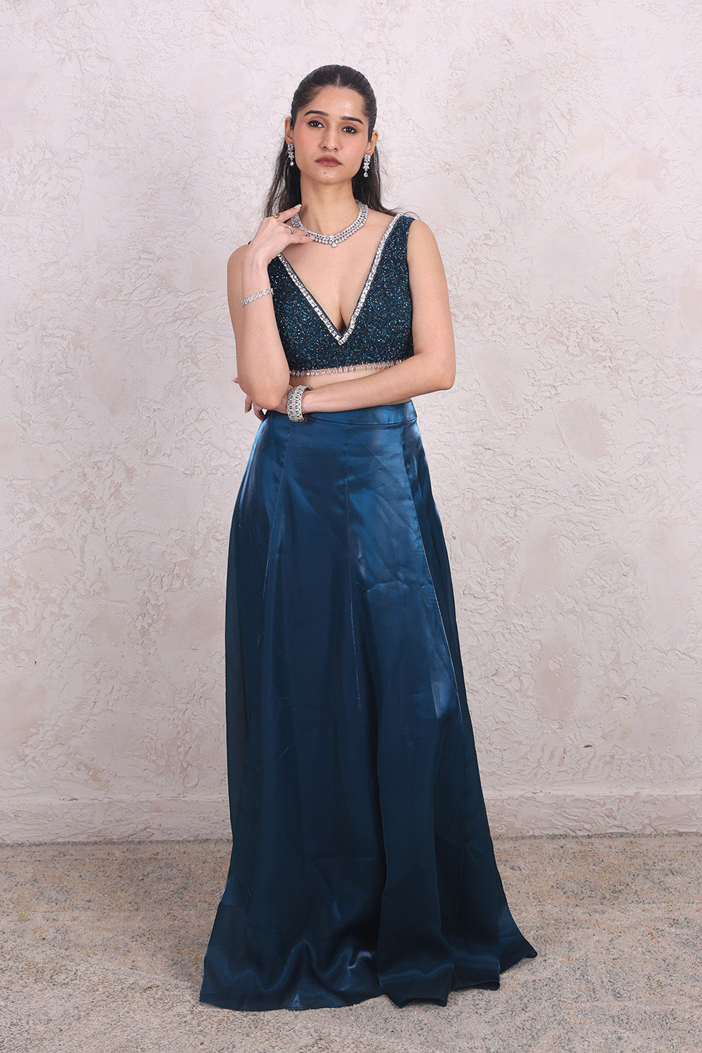 Teal Blue Draped Skirt with Embellished V-neck BNlouse and Cape Set