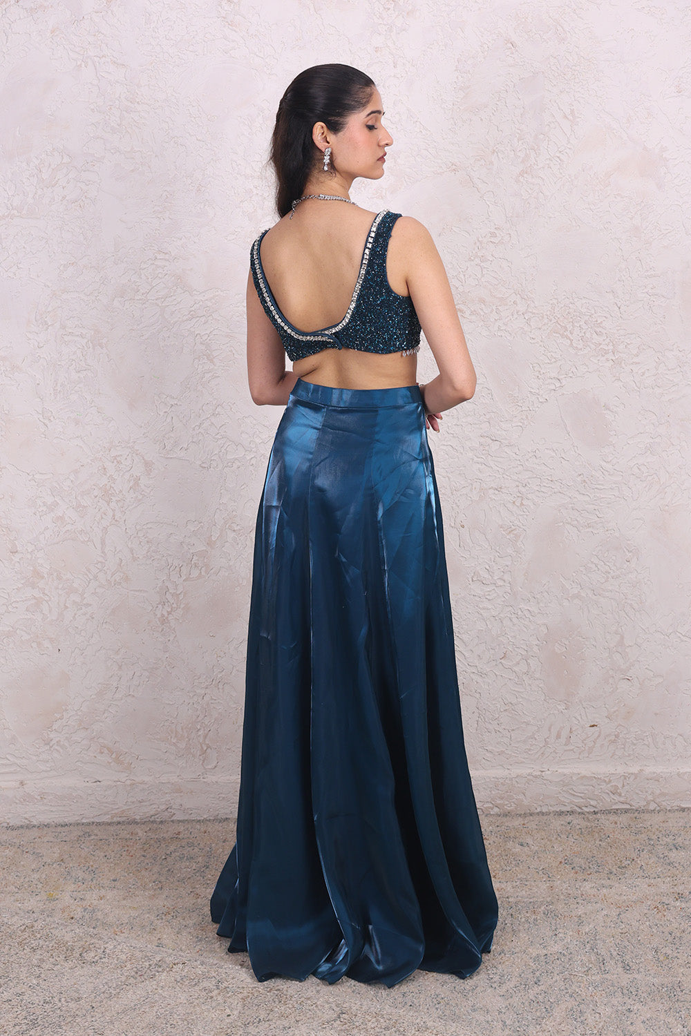 Teal Blue Draped Skirt with Embellished V-neck BNlouse and Cape Set