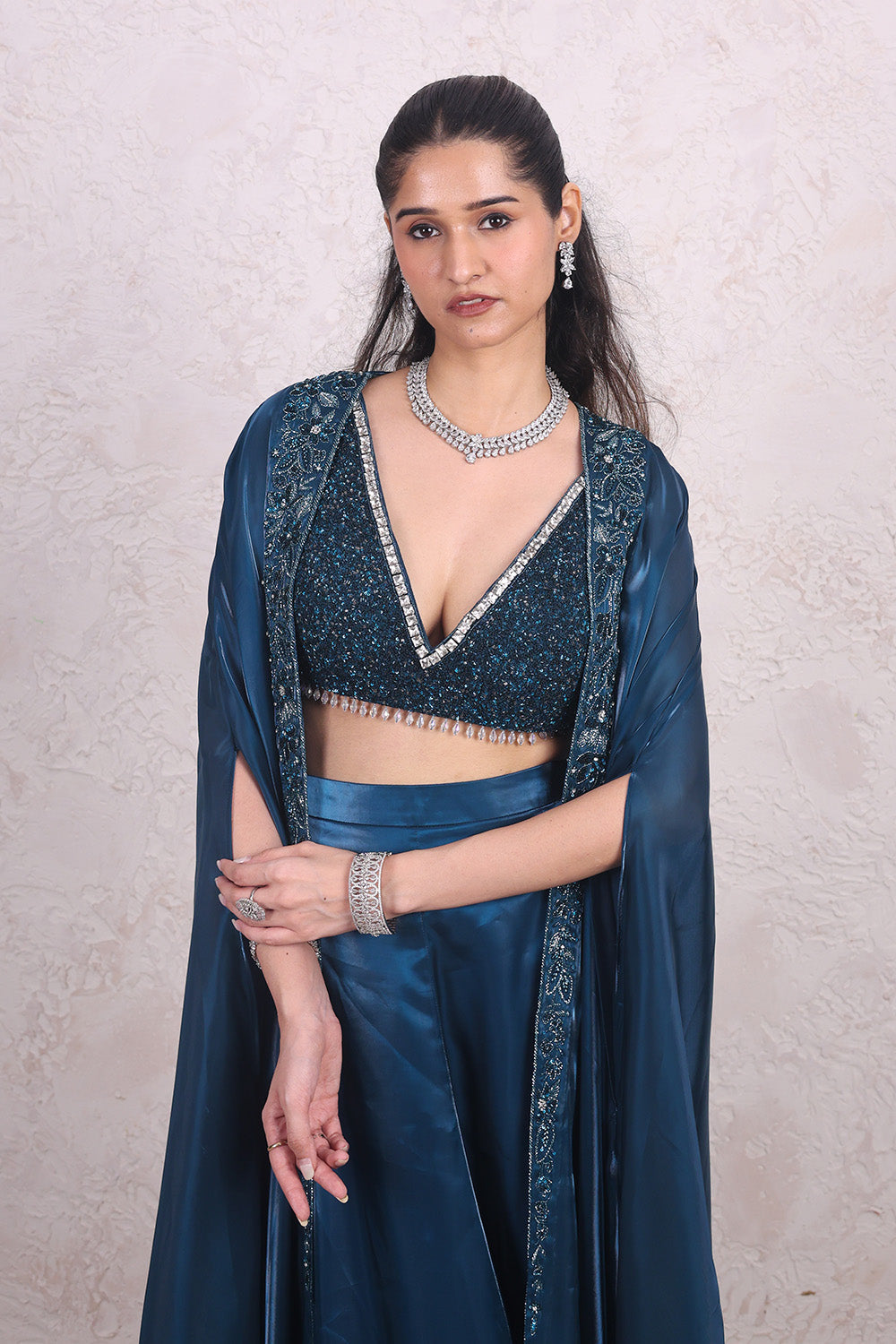 Teal Blue Draped Skirt with Embellished V-neck BNlouse and Cape Set