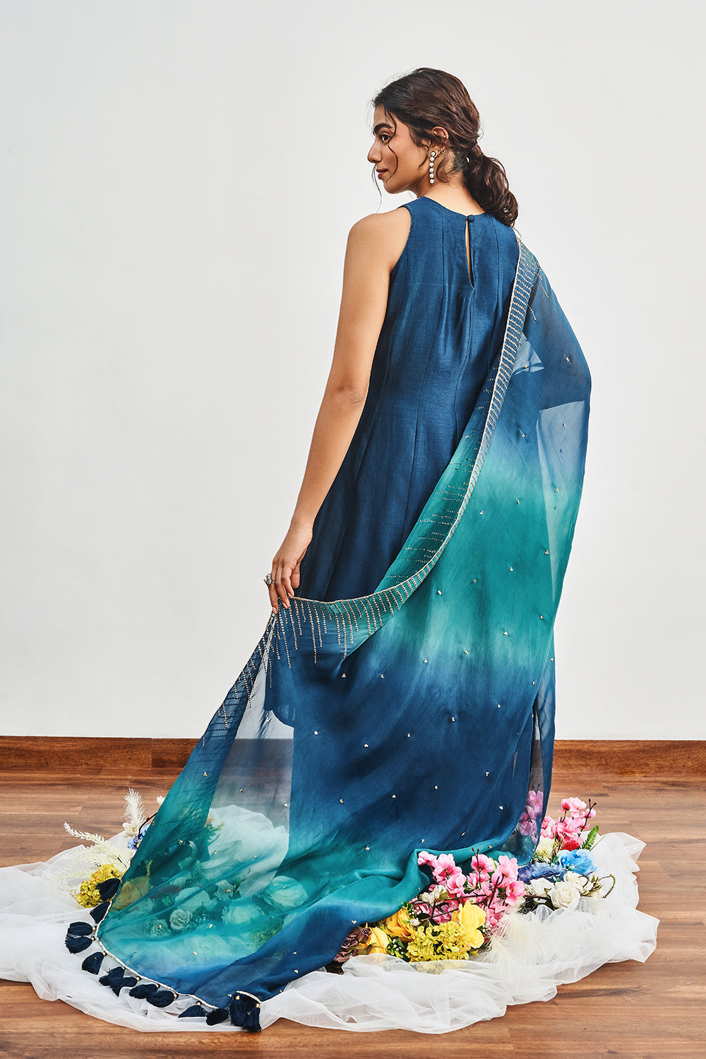 Teal Blue Kalidaar with Teal Blue X Bottle Green Shaded Dupatta