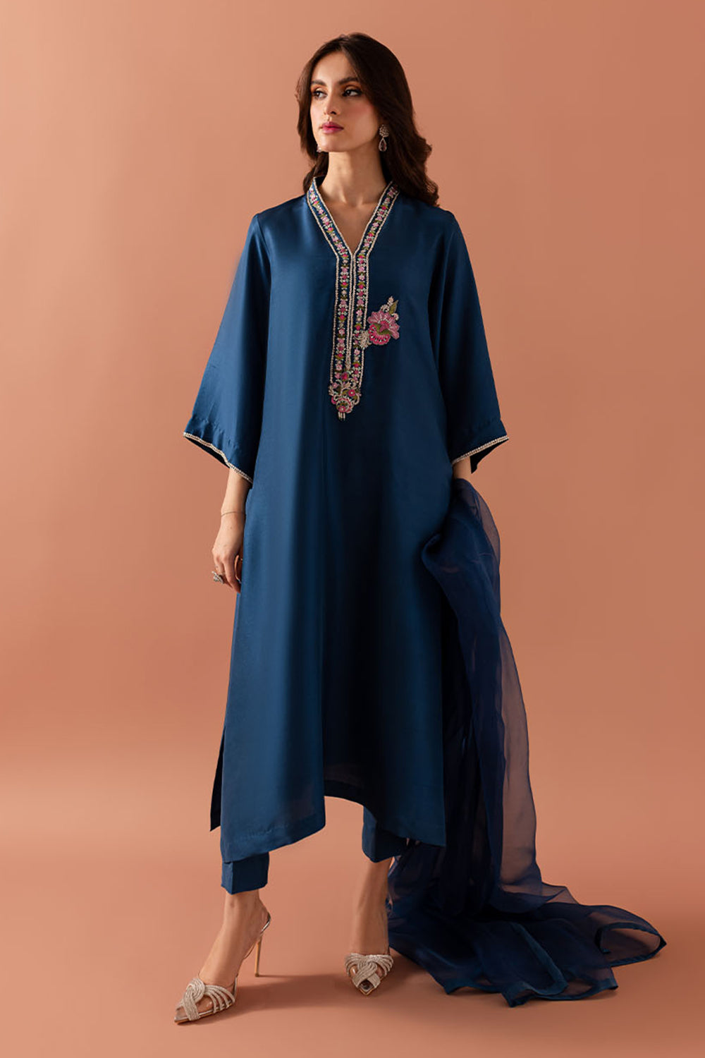 Teal Embroidered Comfort Fit Kurta Set