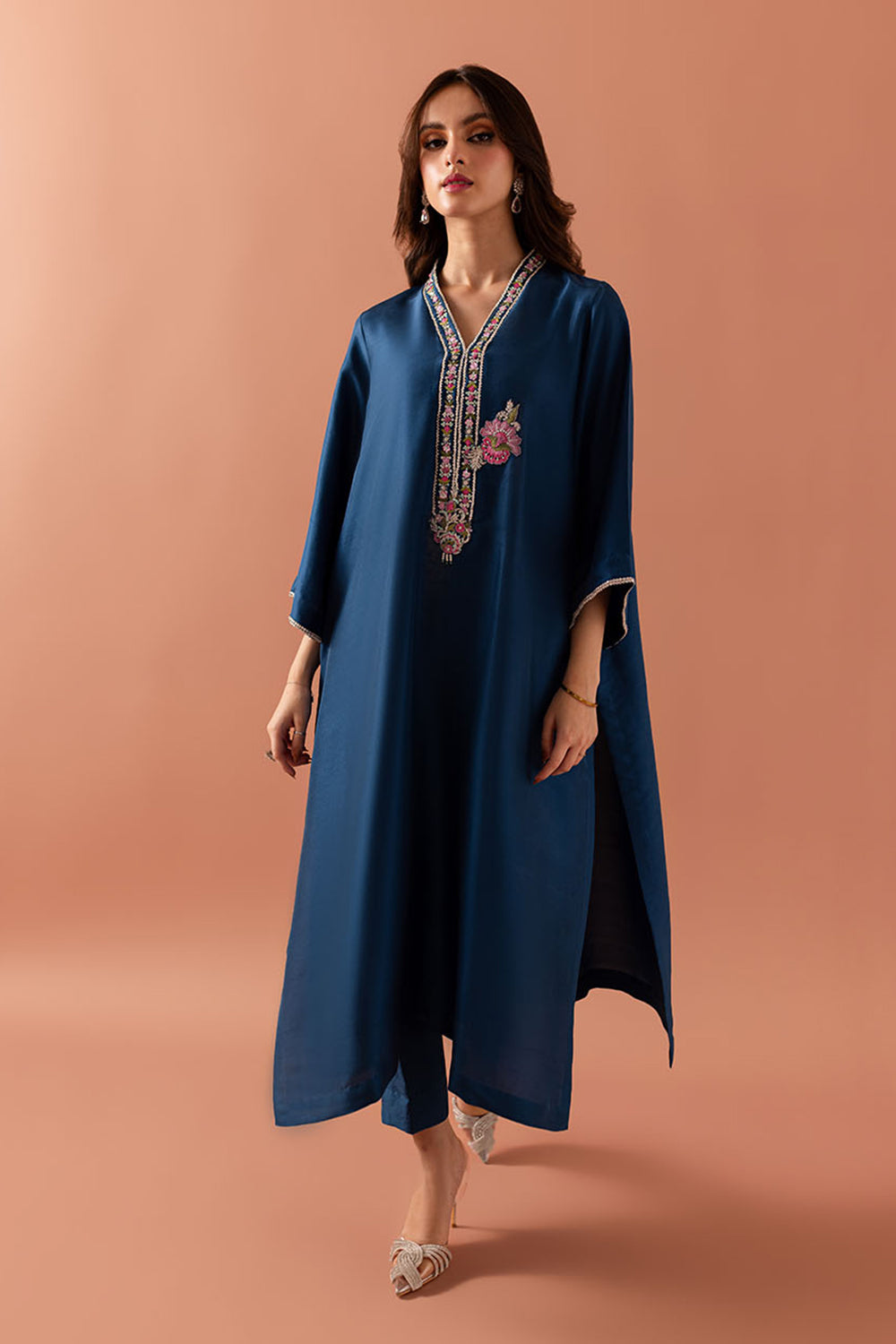 Teal Embroidered Comfort Fit Kurta Set