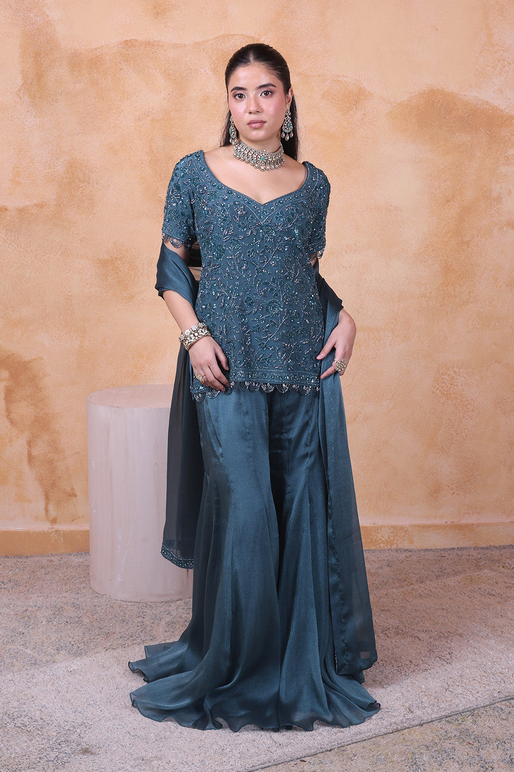 Teal Flared Pants with Embellished Top and Dupatta Set