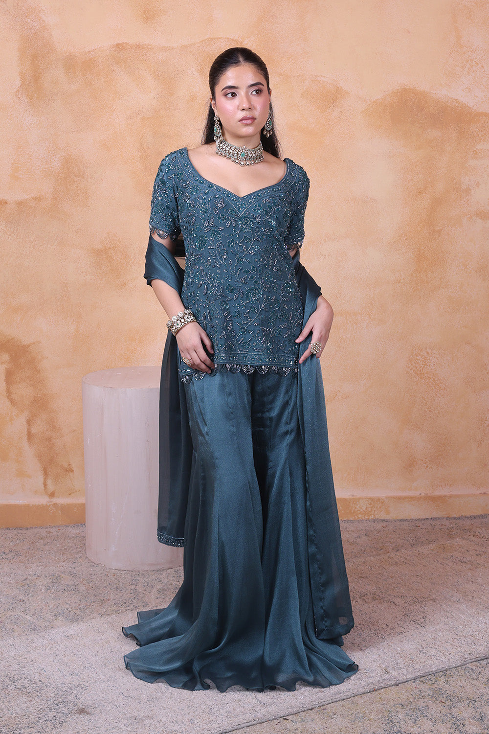 Teal Flared Pants with Embellished Top and Dupatta Set