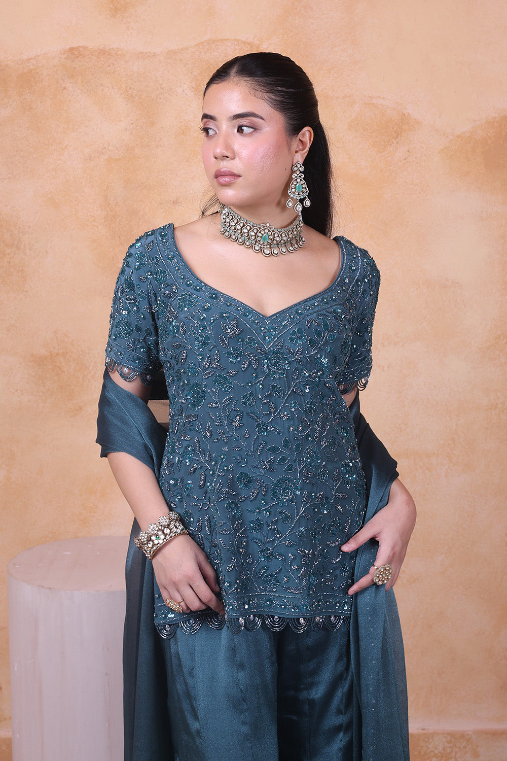 Teal Flared Pants with Embellished Top and Dupatta Set
