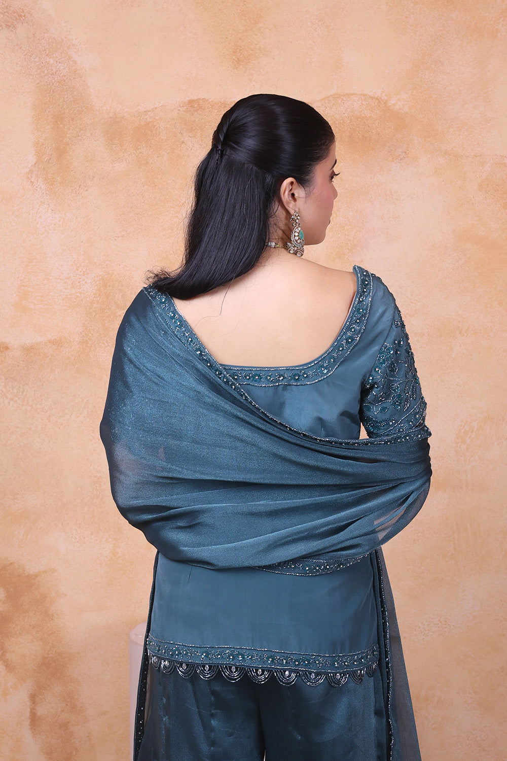 Teal Flared Pants with Embellished Top and Dupatta Set
