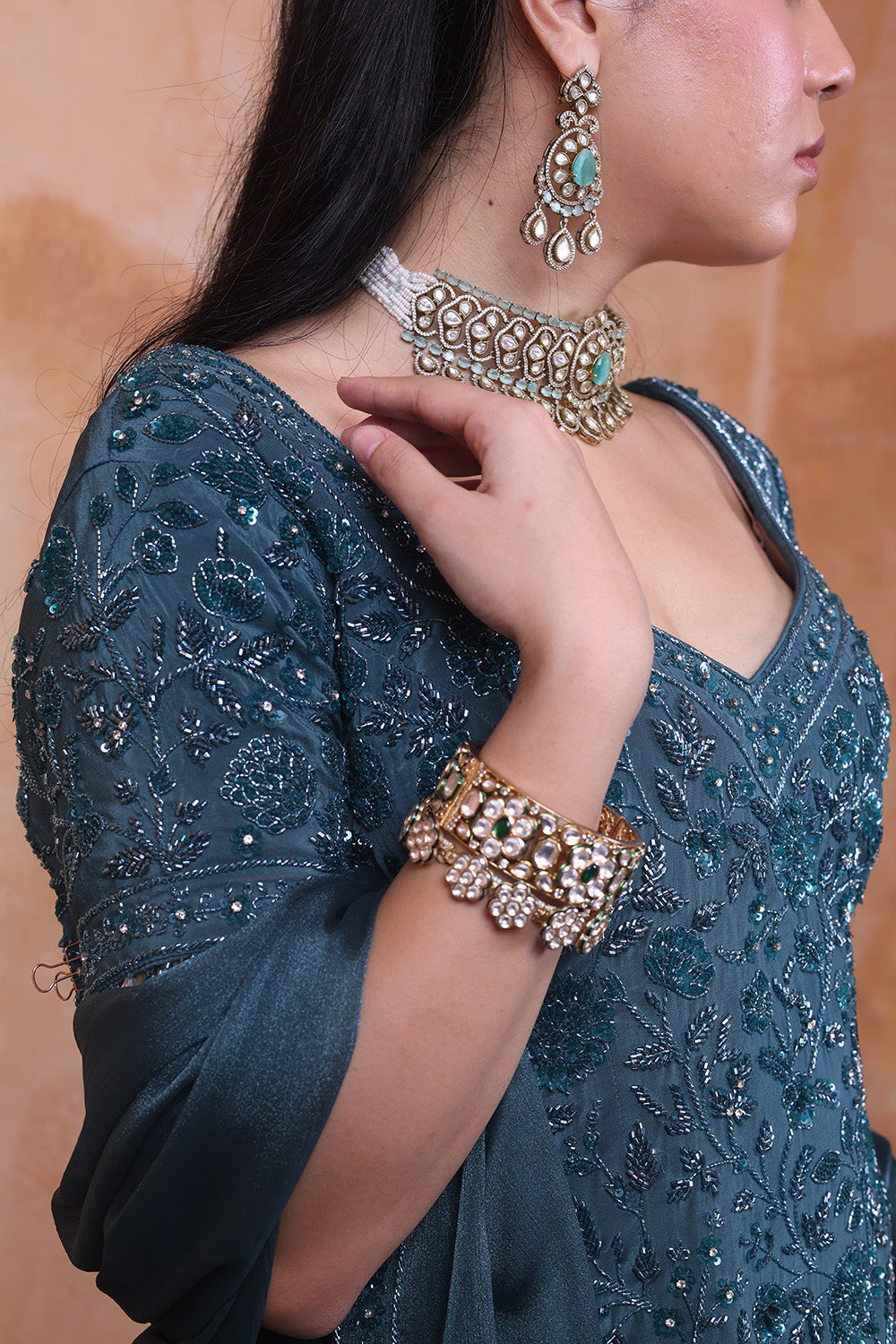 Teal Flared Pants with Embellished Top and Dupatta Set
