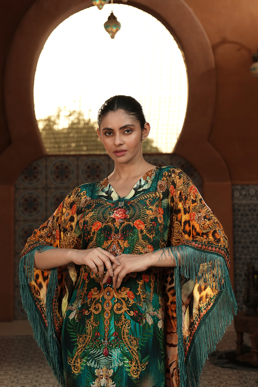 Teal & Golden Printed Kaftan Gown