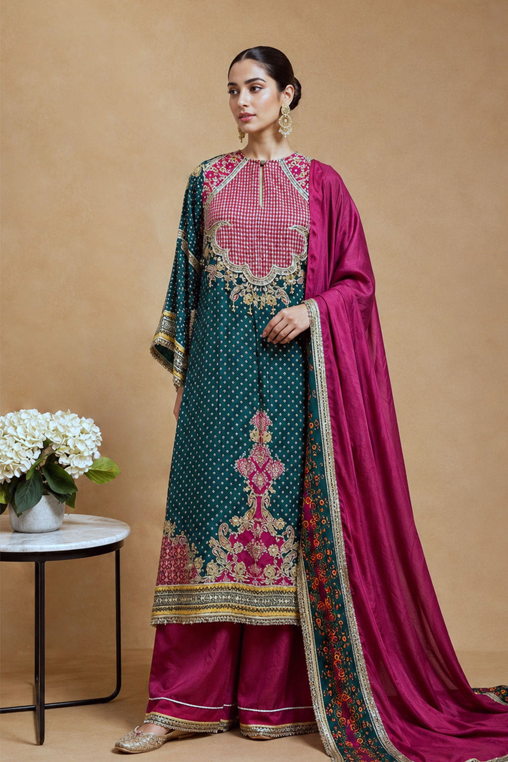 Teal Green Crepe Kurta Palazzo Suit With Magenta Dupatta Detailing