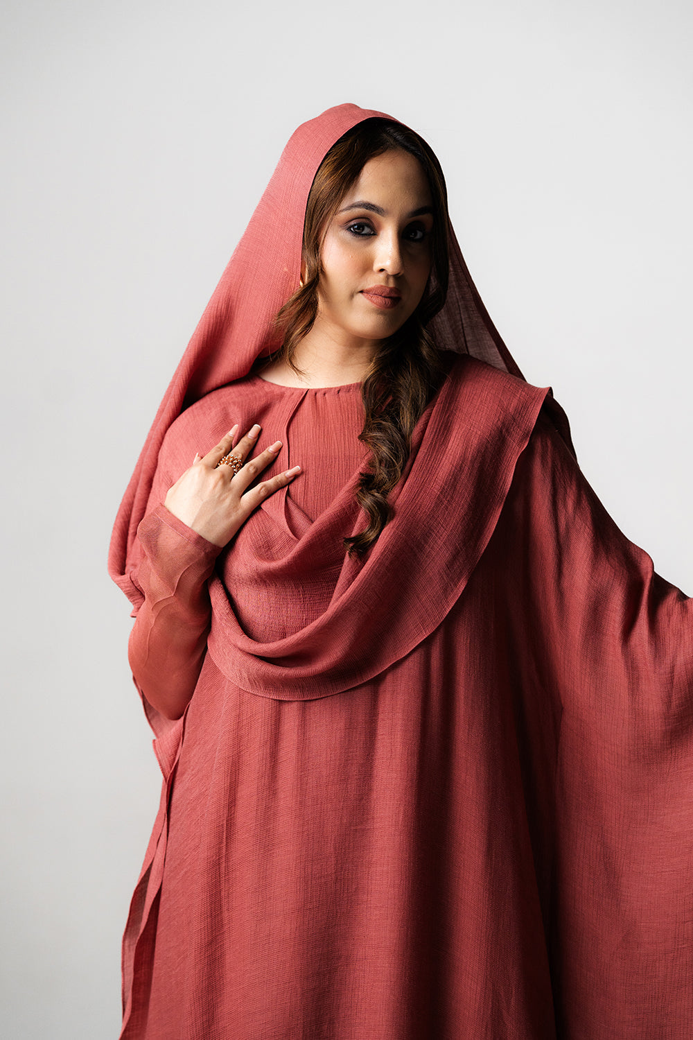 Terracotta Crinkled Kaftan with Draped Veil