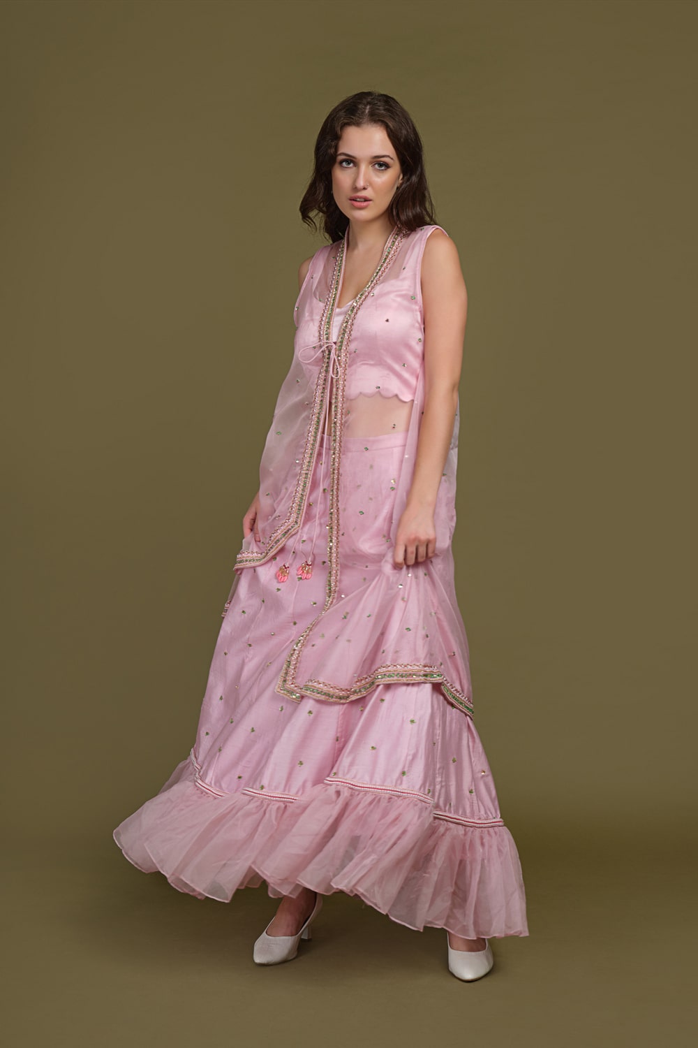 Ruffle Hem Skirt with Hand-Embroidered High-Low Shrug Ensemble