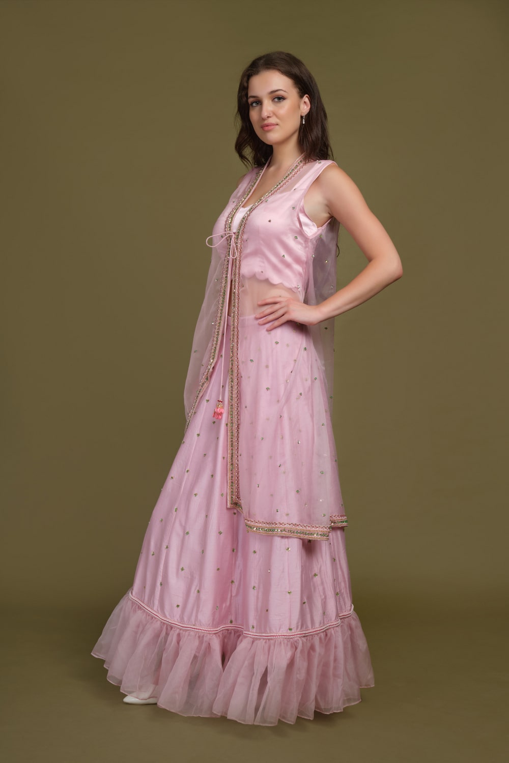 Ruffle Hem Skirt with Hand-Embroidered High-Low Shrug Ensemble