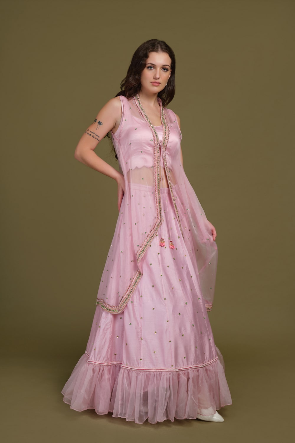 Ruffle Hem Skirt with Hand-Embroidered High-Low Shrug Ensemble