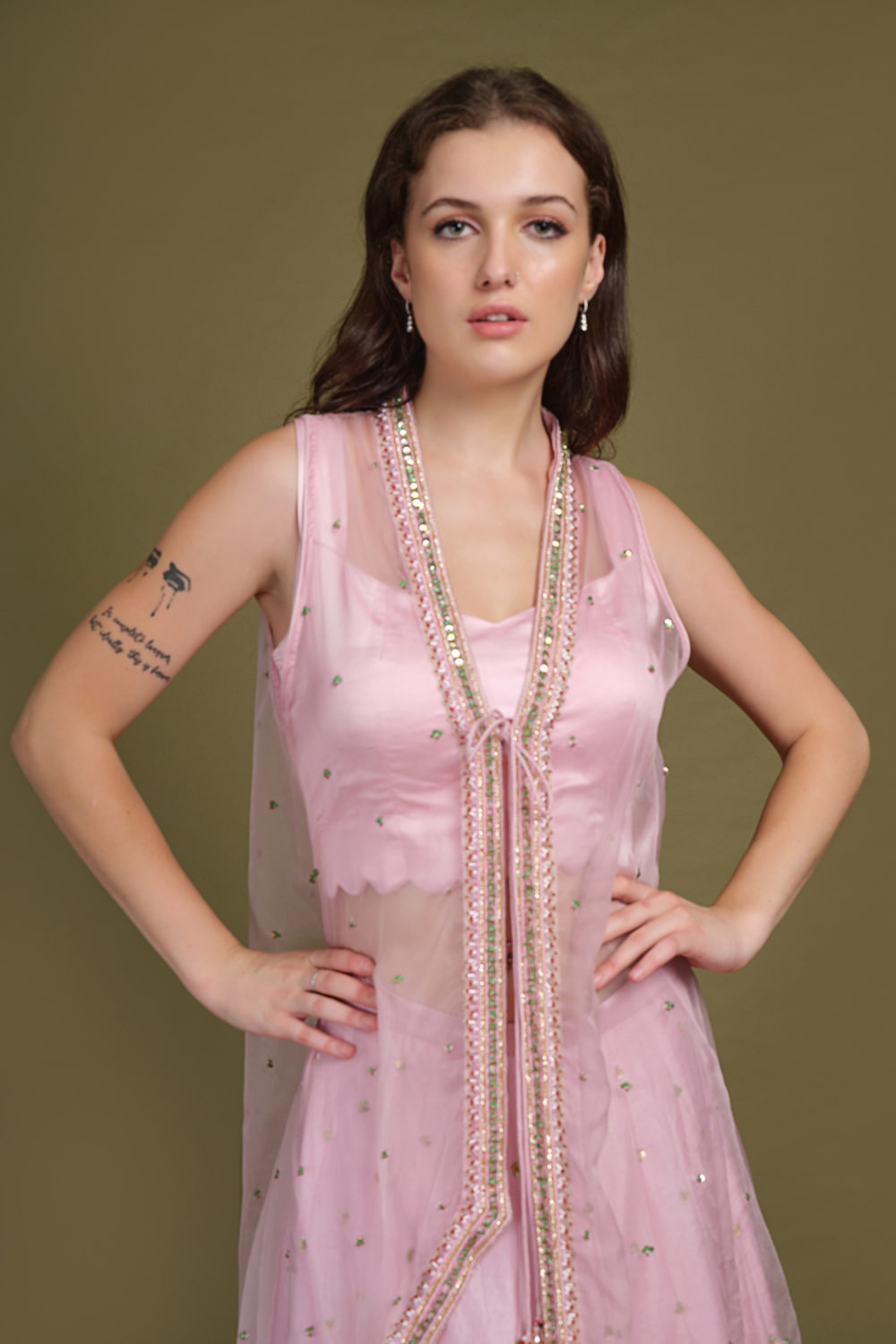 Ruffle Hem Skirt with Hand-Embroidered High-Low Shrug Ensemble