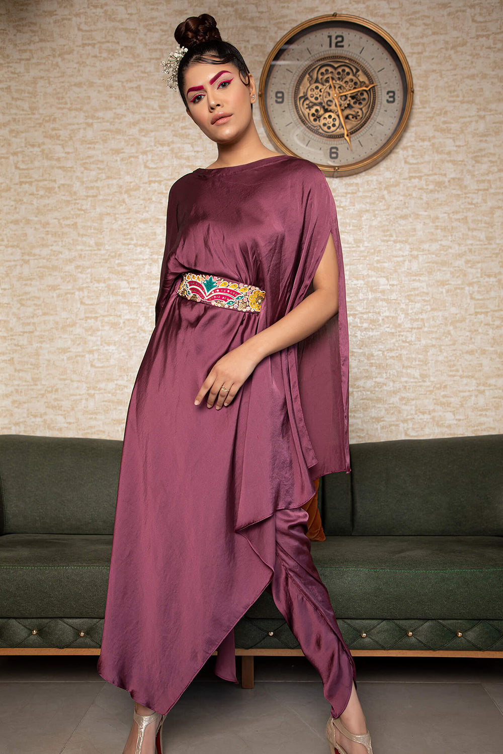 Tulip Pants with Asymmetrical Kaftan and Hand Embroidered Tye-Up Belt
