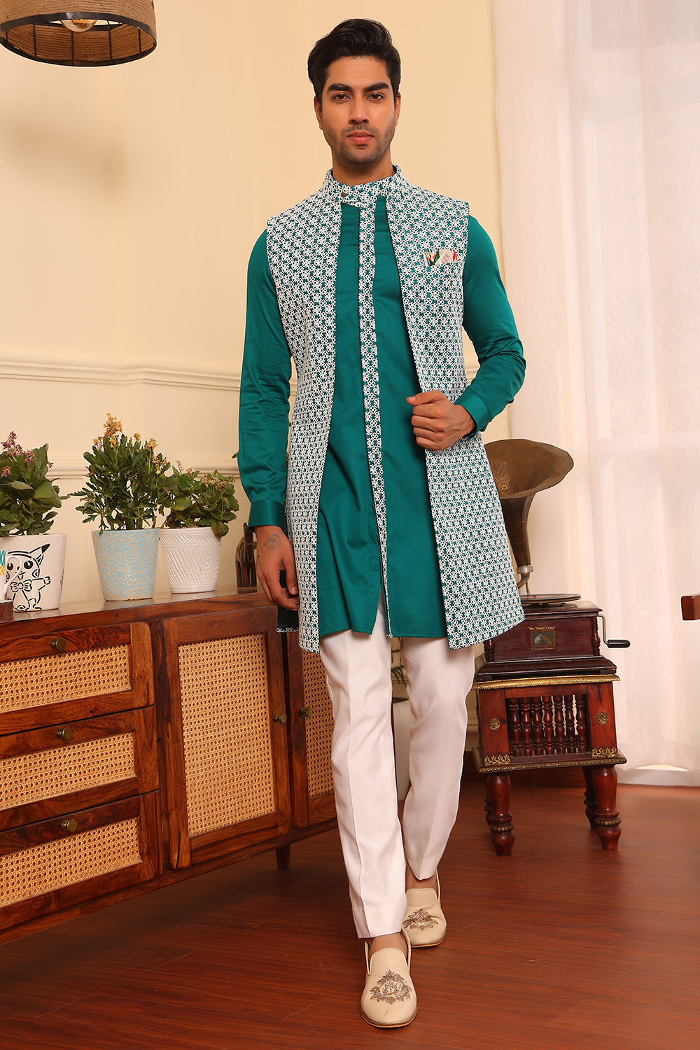 Tuquoise Green kurta pants with embroidered shrug set