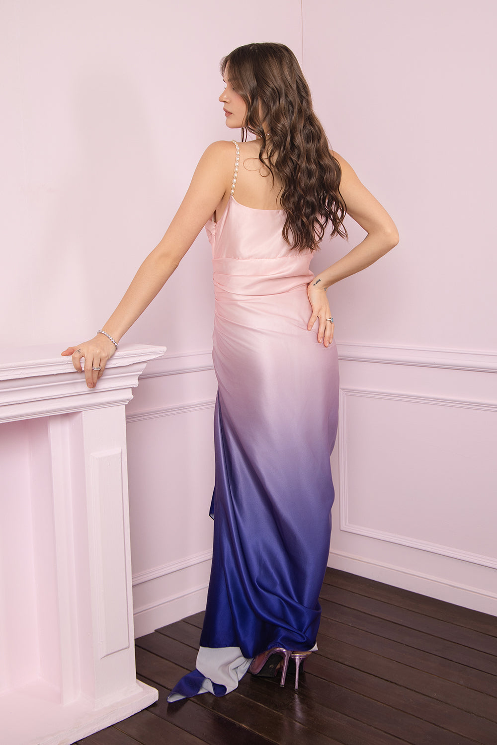 Twilight Bloom Ombre Satin Draped Slip Dress