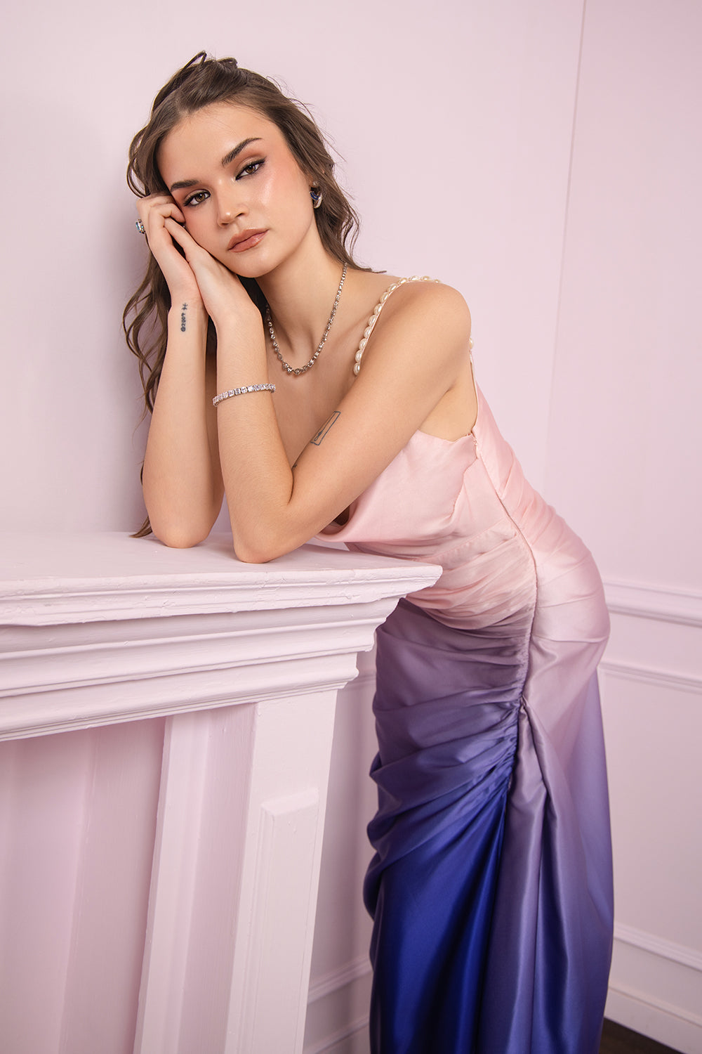 Twilight Bloom Ombre Satin Draped Slip Dress