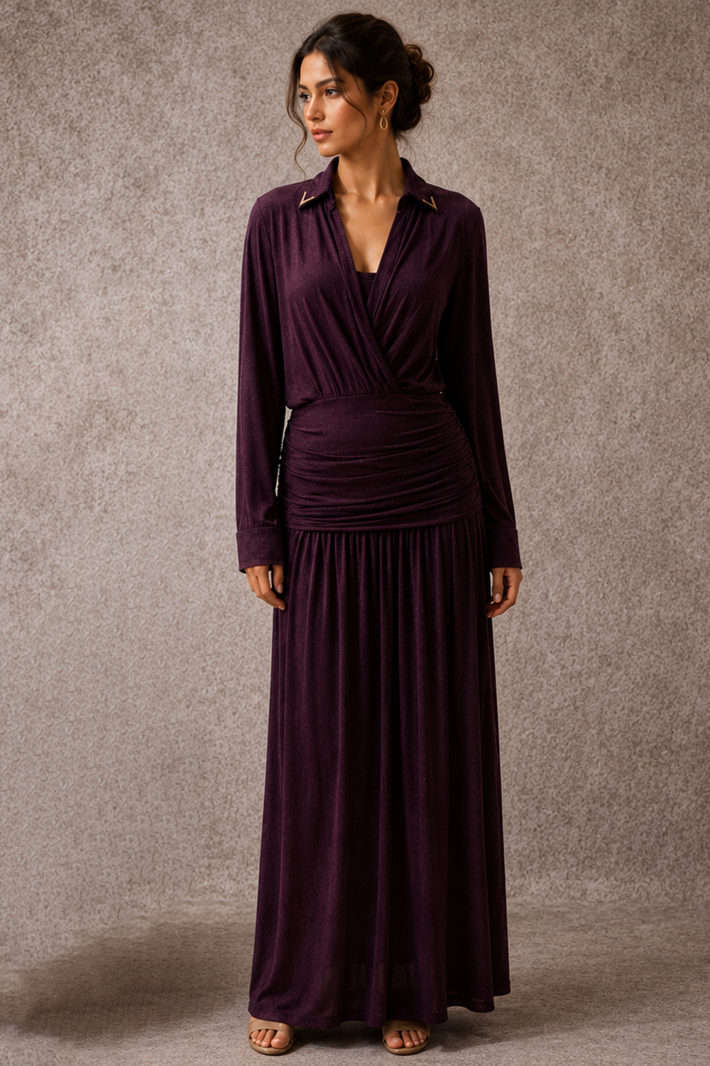 V- Neckline Full Length Draped Gown